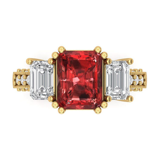 4.27 cttw Natural Garnet Three-Stone Engagement Ring - Solid Yellow Gold (VVS1, Emerald Cut,9x7mm)