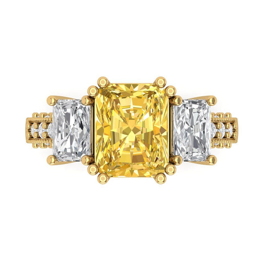 4.27 cttw Natural Citrine Three-Stone Engagement Ring - Solid Yellow Gold (VVS1, Emerald Cut,9x7mm)
