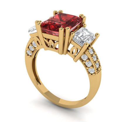 4.27 cttw Natural Garnet Three-Stone Engagement Ring - Solid Gold (Emerald Cut,9x7mm)