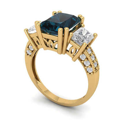4.27 cttw Natural London Blue Topaz Three-Stone Engagement Ring - Solid Gold (Emerald Cut,9x7mm)