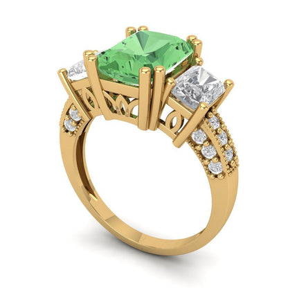 4.27 cttw Zirconia Simulated Green Diamond Three-Stone Engagement Ring - Solid Gold (VVS1, Emerald Cut,9x7mm)