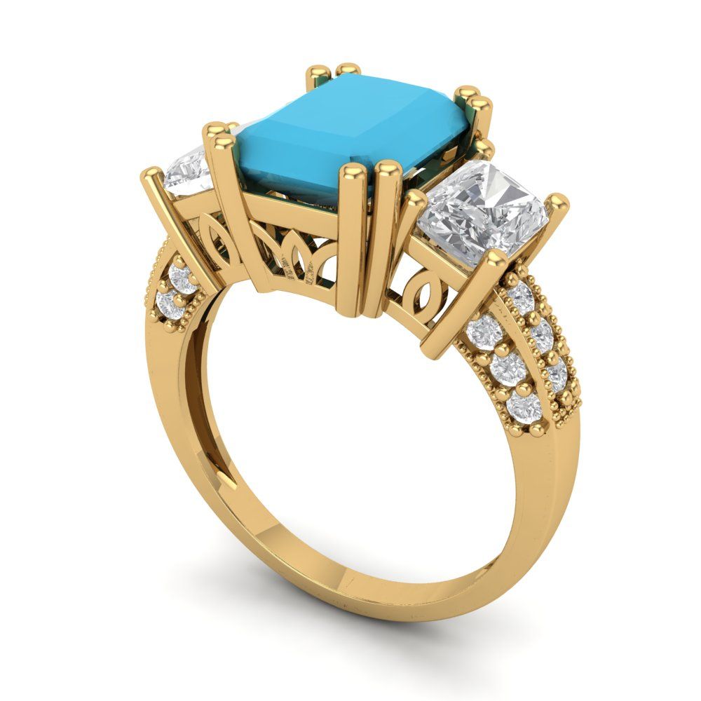 4.27 cttw Simulated Turquoise Three-Stone Engagement Ring - Solid Gold (Emerald Cut,9x7mm)