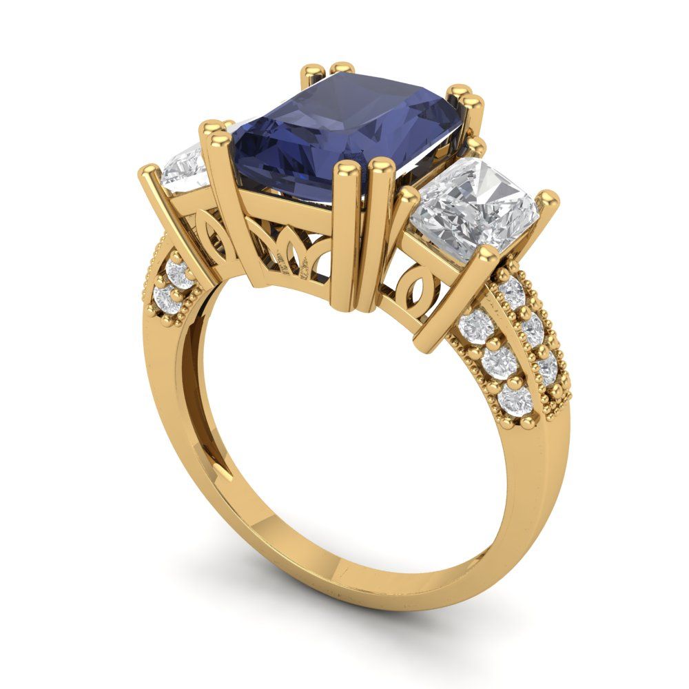4.27 cttw Simulated Blue Sapphire Three-Stone Engagement Ring - Solid Gold (Emerald Cut,9x7mm)