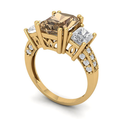 4.27 cttw Zirconia Simulated Champagne Diamond Three-Stone Engagement Ring - Solid Gold (VVS1, Emerald Cut,9x7mm)