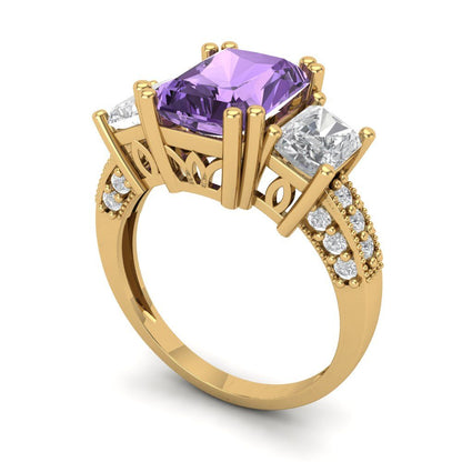 4.27 cttw Simulated Alexandrite Three-Stone Engagement Ring - Solid Gold (Emerald Cut,9x7mm)