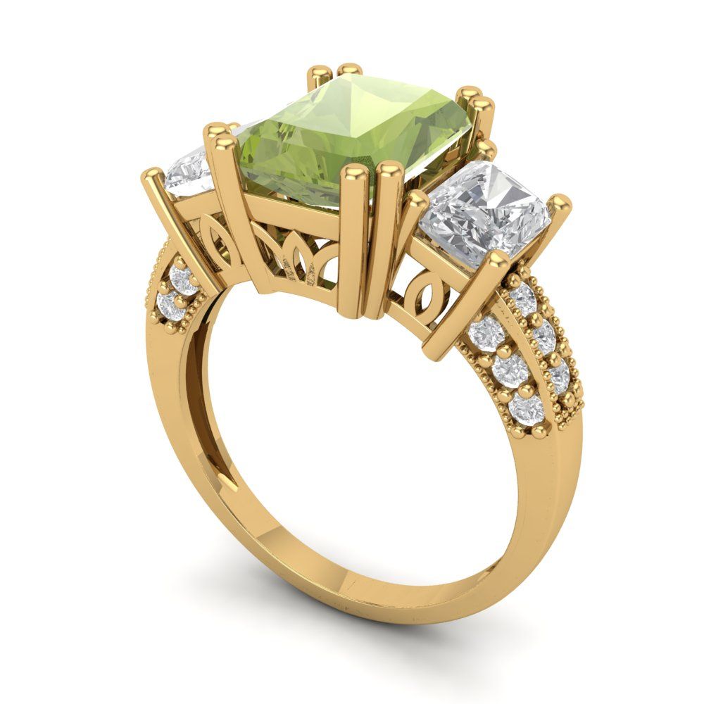 4.27 cttw Natural Peridot Three-Stone Engagement Ring - Solid Gold (Emerald Cut,9x7mm)