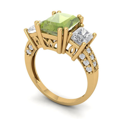 4.27 cttw Natural Peridot Three-Stone Engagement Ring - Solid Gold (Emerald Cut,9x7mm)