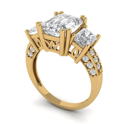 4.27 cttw White Sapphire Three-Stone Engagement Ring - Solid Gold (Emerald Cut,9x7mm)