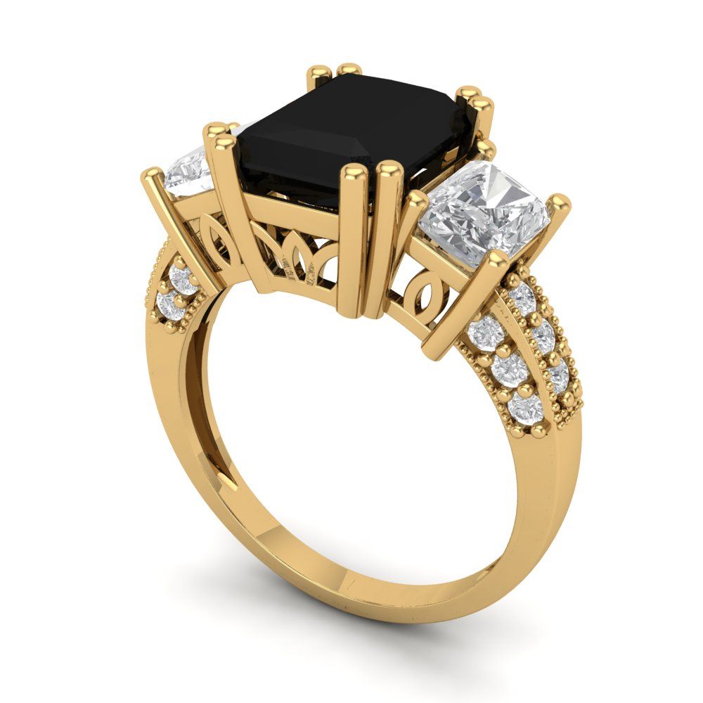 4.27 cttw Natural Onyx Three-Stone Engagement Ring - Solid Gold (Emerald Cut,9x7mm)