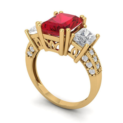 4.27 cttw Simulated Ruby Three-Stone Engagement Ring - Solid Yellow Gold (VVS1, Emerald Cut,9x7mm)