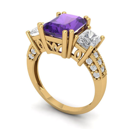 4.27 cttw Natural Amethyst Three-Stone Engagement Ring - Solid Gold (Emerald Cut,9x7mm)