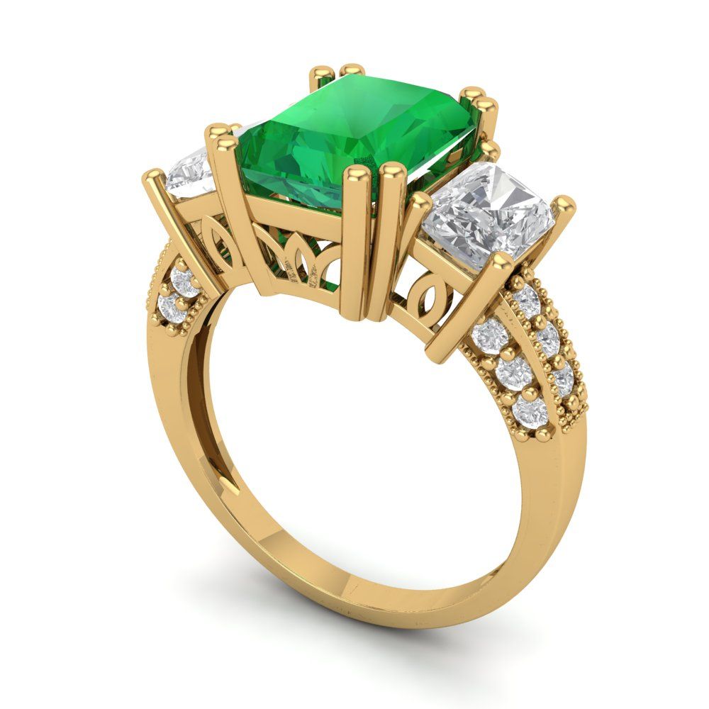 4.27 cttw Simulated Emerald Three-Stone Engagement Ring - Solid Gold (Emerald Cut,9x7mm)