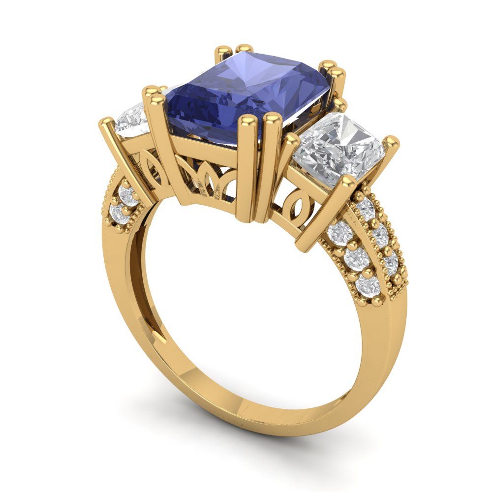 4.27 cttw Simulated Tanzanite Three-Stone Engagement Ring - Solid Gold (Emerald Cut,9x7mm)