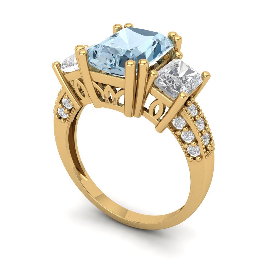 4.27 cttw Natural Sky Blue Topaz Three-Stone Engagement Ring - Solid Gold (Emerald Cut,9x7mm)
