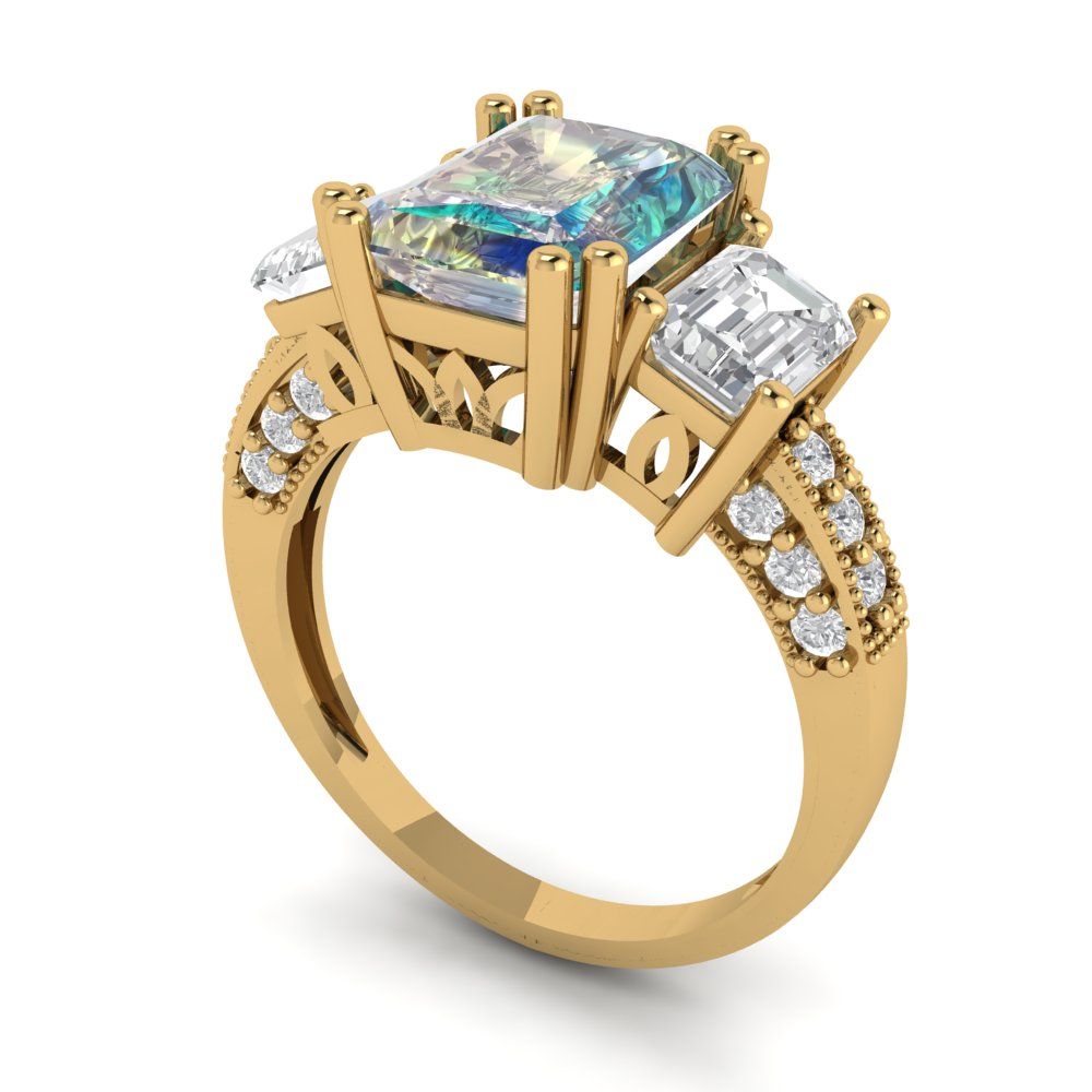 4.27 cttw Blue Moissanite Three-Stone Engagement Ring - Solid Gold (Emerald Cut,9x7mm)