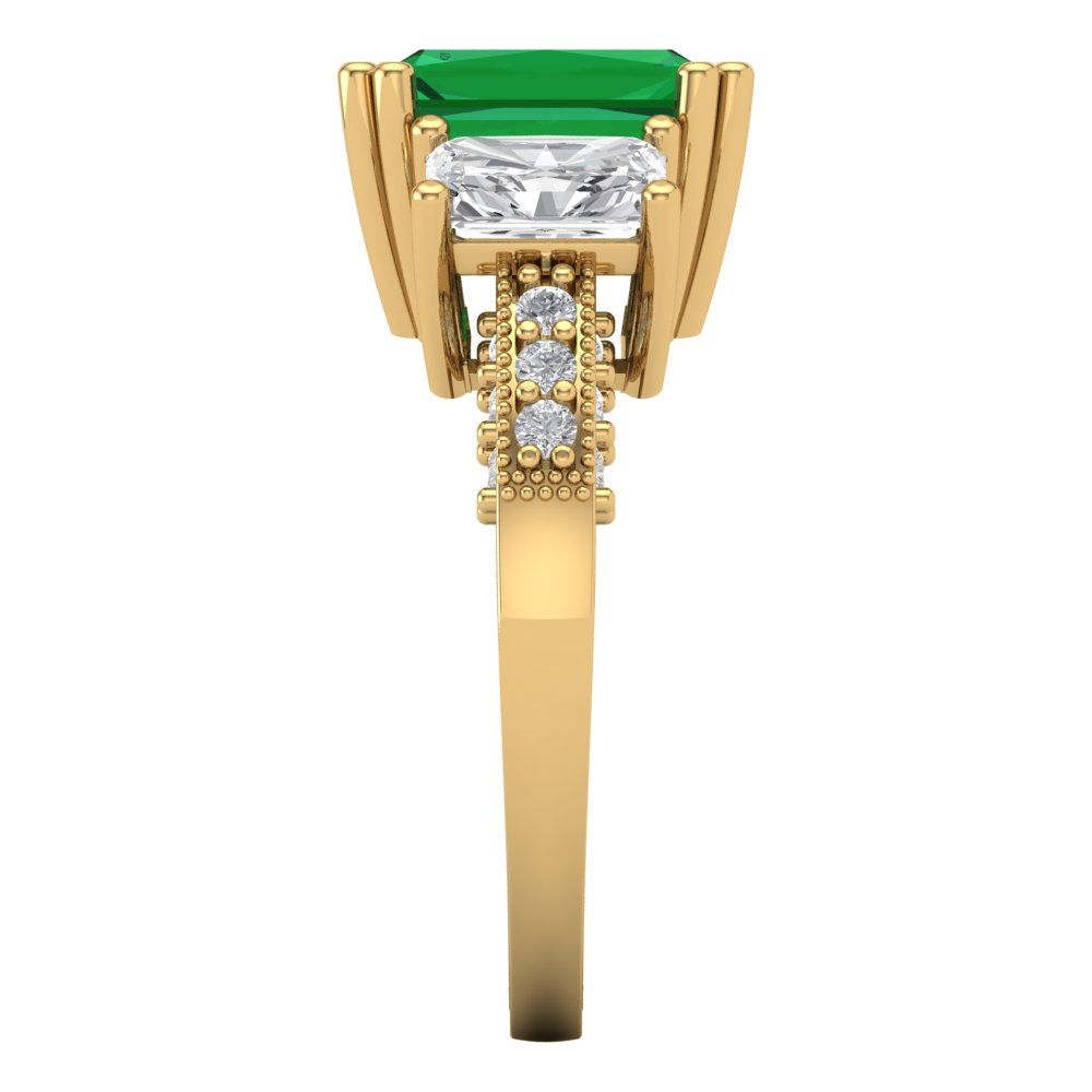 4.27 cttw Simulated Emerald Three-Stone Engagement Ring - Solid Gold (Emerald Cut,9x7mm)