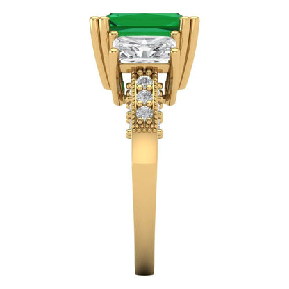 4.27 cttw Simulated Emerald Three-Stone Engagement Ring - Solid Gold (Emerald Cut,9x7mm)