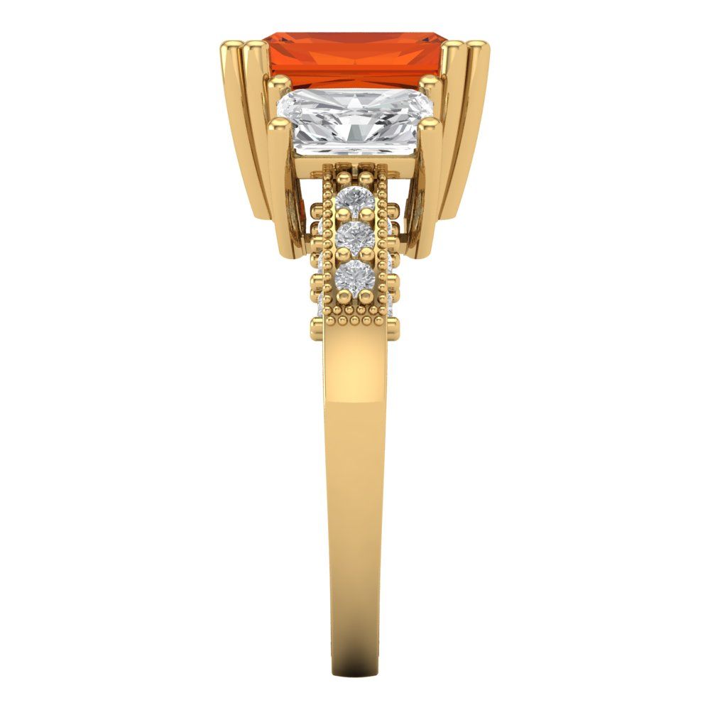 4.27 cttw Zirconia Simulated Red Diamond Three-Stone Engagement Ring - Solid Gold (VVS1, Emerald Cut,9x7mm)