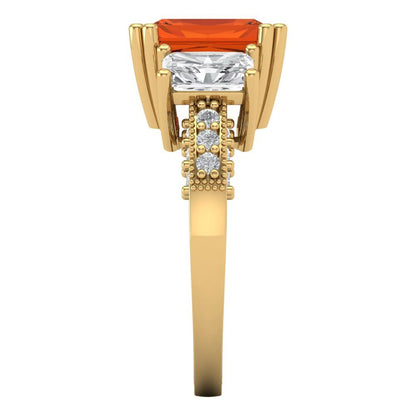 4.27 cttw Zirconia Simulated Red Diamond Three-Stone Engagement Ring - Solid Gold (VVS1, Emerald Cut,9x7mm)