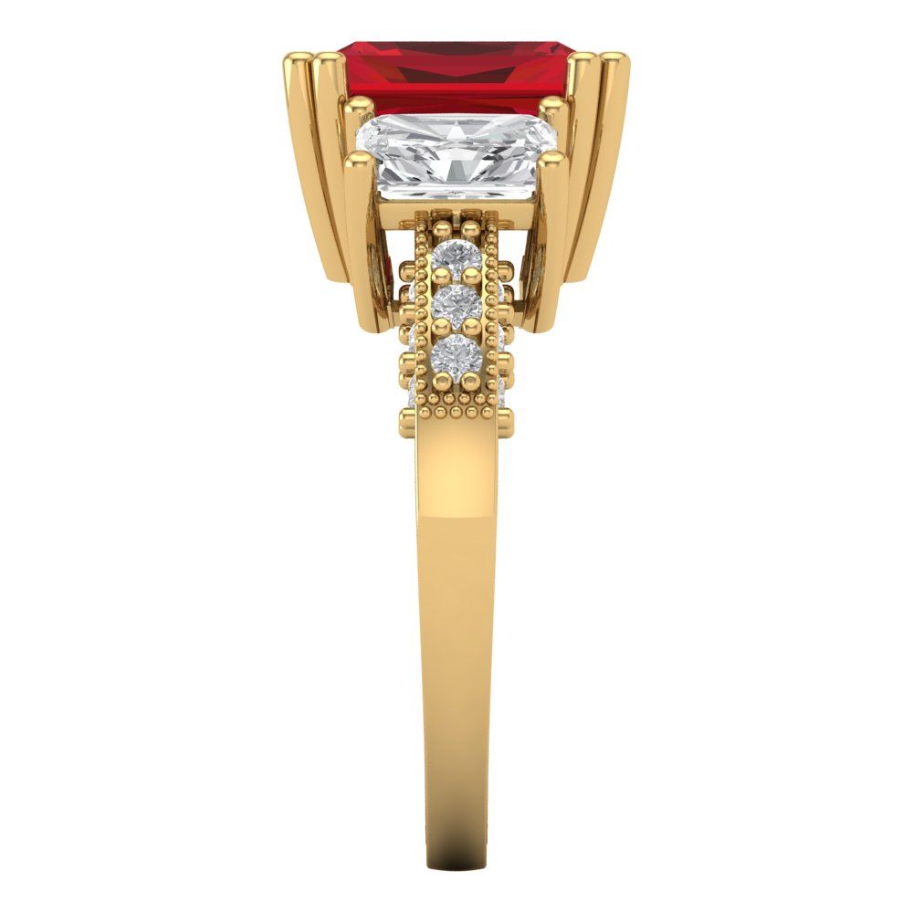 4.27 cttw Simulated Ruby Three-Stone Engagement Ring - Solid Yellow Gold (VVS1, Emerald Cut,9x7mm)