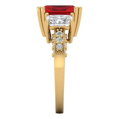 4.27 cttw Simulated Ruby Three-Stone Engagement Ring - Solid Yellow Gold (VVS1, Emerald Cut,9x7mm)