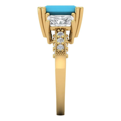 4.27 cttw Simulated Turquoise Three-Stone Engagement Ring - Solid Gold (Emerald Cut,9x7mm)