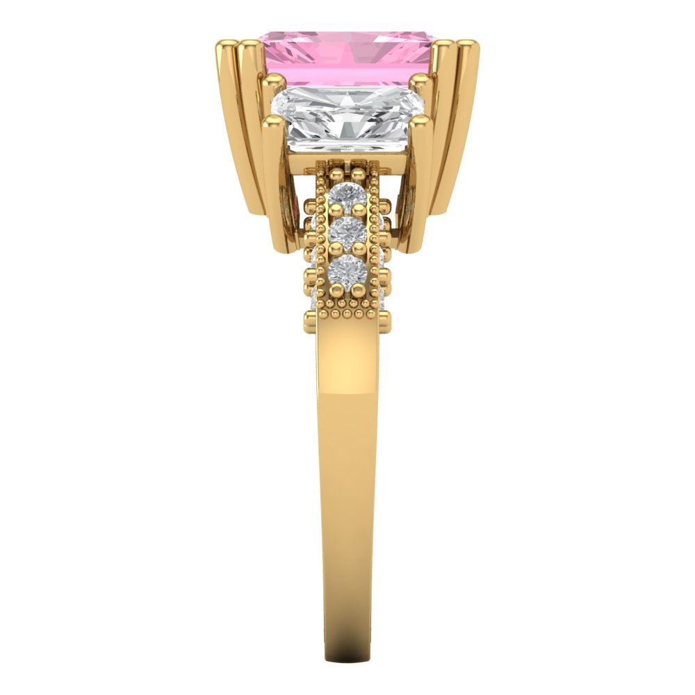 4.27 cttw Zirconia Simulated Pink Diamond Three-Stone Engagement Ring - Solid Gold (VVS1, Emerald Cut,9x7mm)