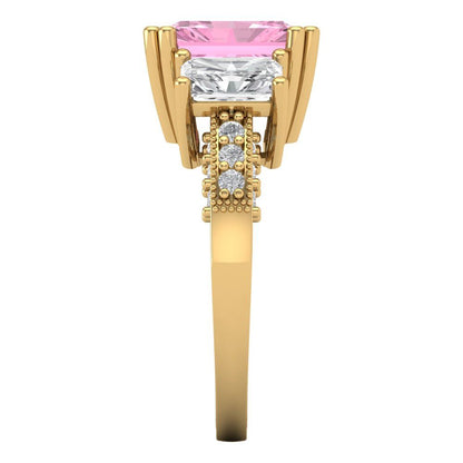 4.27 cttw Zirconia Simulated Pink Diamond Three-Stone Engagement Ring - Solid Gold (VVS1, Emerald Cut,9x7mm)