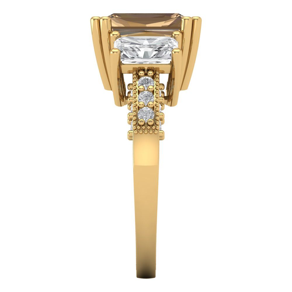 4.27 cttw Zirconia Simulated Champagne Diamond Three-Stone Engagement Ring - Solid Gold (VVS1, Emerald Cut,9x7mm)