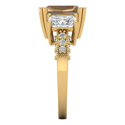 4.27 cttw Zirconia Simulated Champagne Diamond Three-Stone Engagement Ring - Solid Gold (VVS1, Emerald Cut,9x7mm)