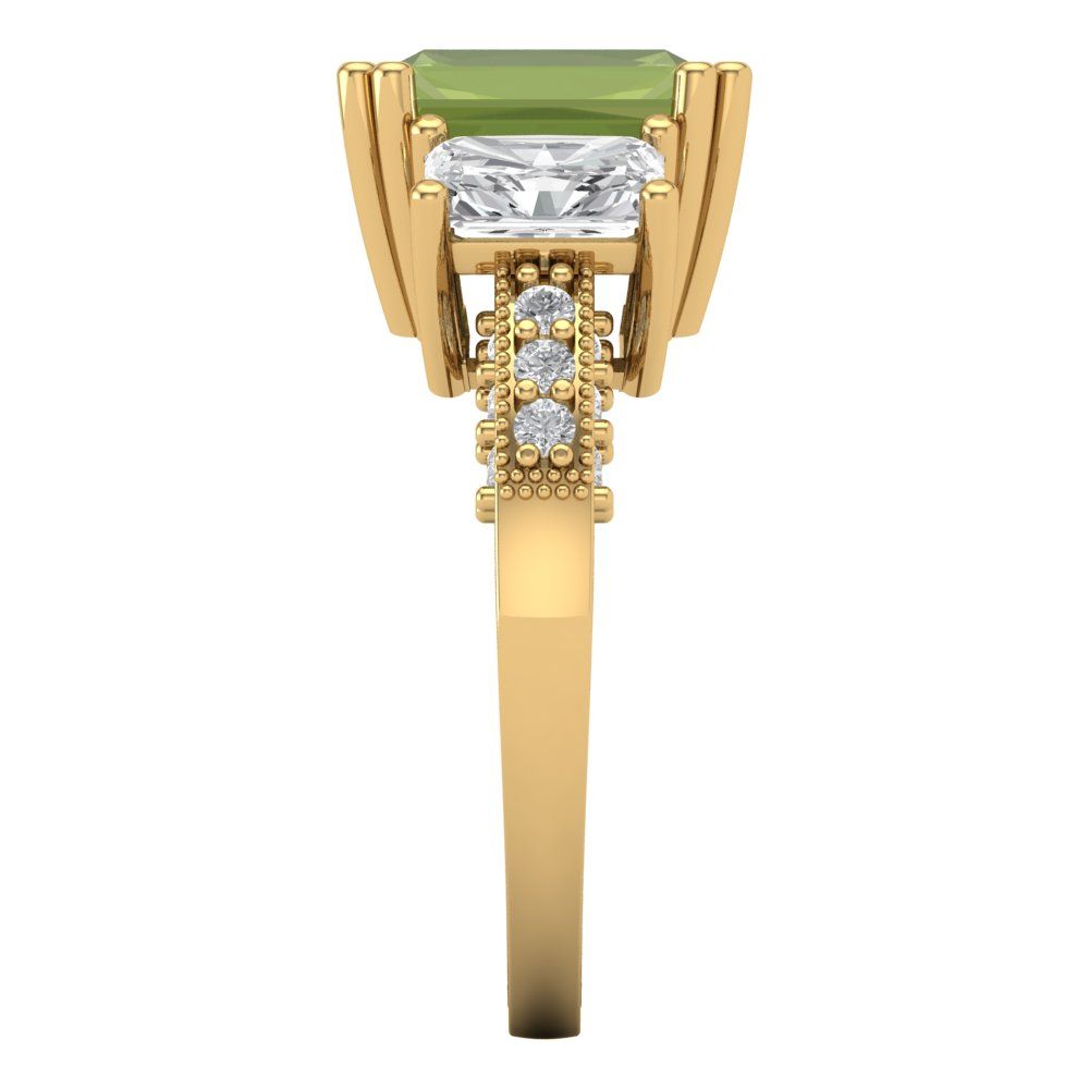 4.27 cttw Natural Peridot Three-Stone Engagement Ring - Solid Gold (Emerald Cut,9x7mm)