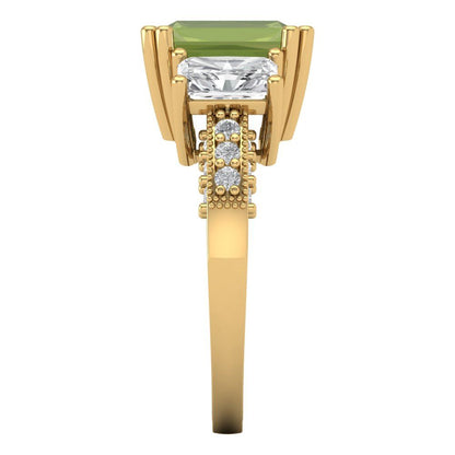 4.27 cttw Natural Peridot Three-Stone Engagement Ring - Solid Gold (Emerald Cut,9x7mm)