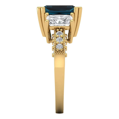 4.27 cttw Natural London Blue Topaz Three-Stone Engagement Ring - Solid Gold (Emerald Cut,9x7mm)
