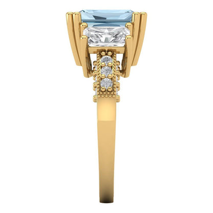 4.27 cttw Natural Aquamarine Three-Stone Engagement Ring - Solid Gold (Emerald Cut,9x7mm)