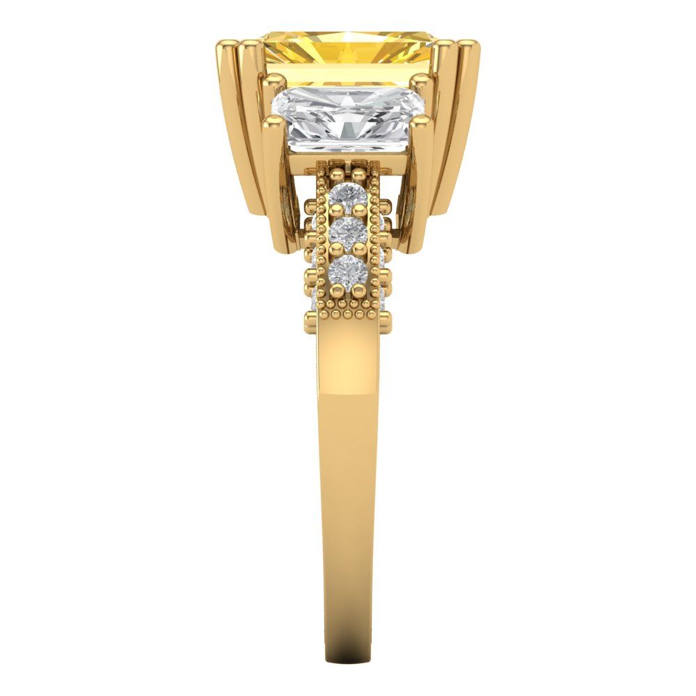 4.27 cttw Zirconia Simulated Yellow Diamond Three-Stone Engagement Ring - Solid Gold (VVS1, Emerald Cut,9x7mm)