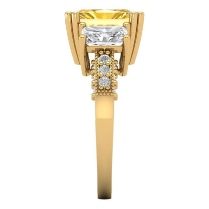 4.27 cttw Zirconia Simulated Yellow Diamond Three-Stone Engagement Ring - Solid Gold (VVS1, Emerald Cut,9x7mm)