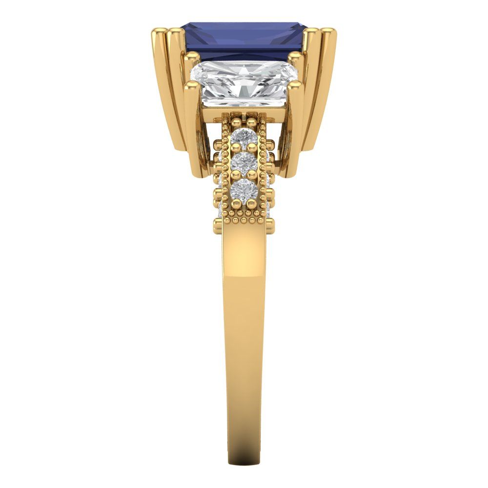 4.27 cttw Simulated Blue Sapphire Three-Stone Engagement Ring - Solid Gold (Emerald Cut,9x7mm)