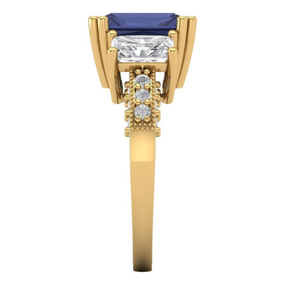 4.27 cttw Simulated Blue Sapphire Three-Stone Engagement Ring - Solid Gold (Emerald Cut,9x7mm)