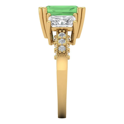 4.27 cttw Zirconia Simulated Green Diamond Three-Stone Engagement Ring - Solid Gold (VVS1, Emerald Cut,9x7mm)