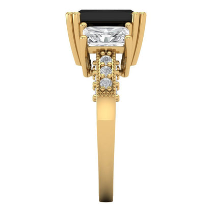4.27 cttw Natural Onyx Three-Stone Engagement Ring - Solid Gold (Emerald Cut,9x7mm)