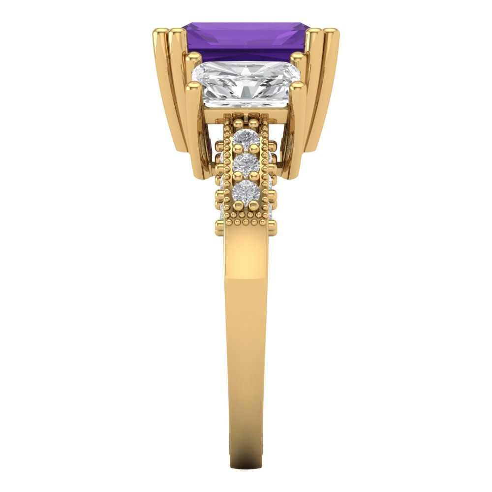 4.27 cttw Natural Amethyst Three-Stone Engagement Ring - Solid Gold (Emerald Cut,9x7mm)