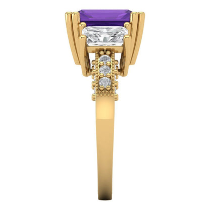 4.27 cttw Natural Amethyst Three-Stone Engagement Ring - Solid Gold (Emerald Cut,9x7mm)