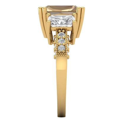 4.27 cttw Yellow Moissanite Three-Stone Engagement Ring - Solid Gold (Emerald Cut,9x7mm)