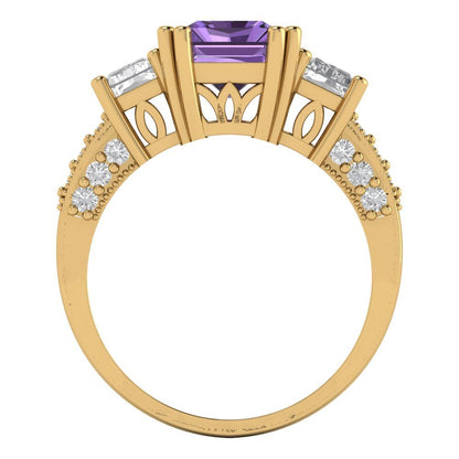 4.27 cttw Simulated Alexandrite Three-Stone Engagement Ring - Solid Gold (Emerald Cut,9x7mm)