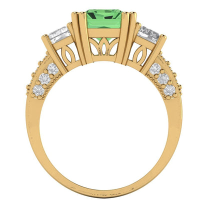 4.27 cttw Zirconia Simulated Green Diamond Three-Stone Engagement Ring - Solid Gold (VVS1, Emerald Cut,9x7mm)