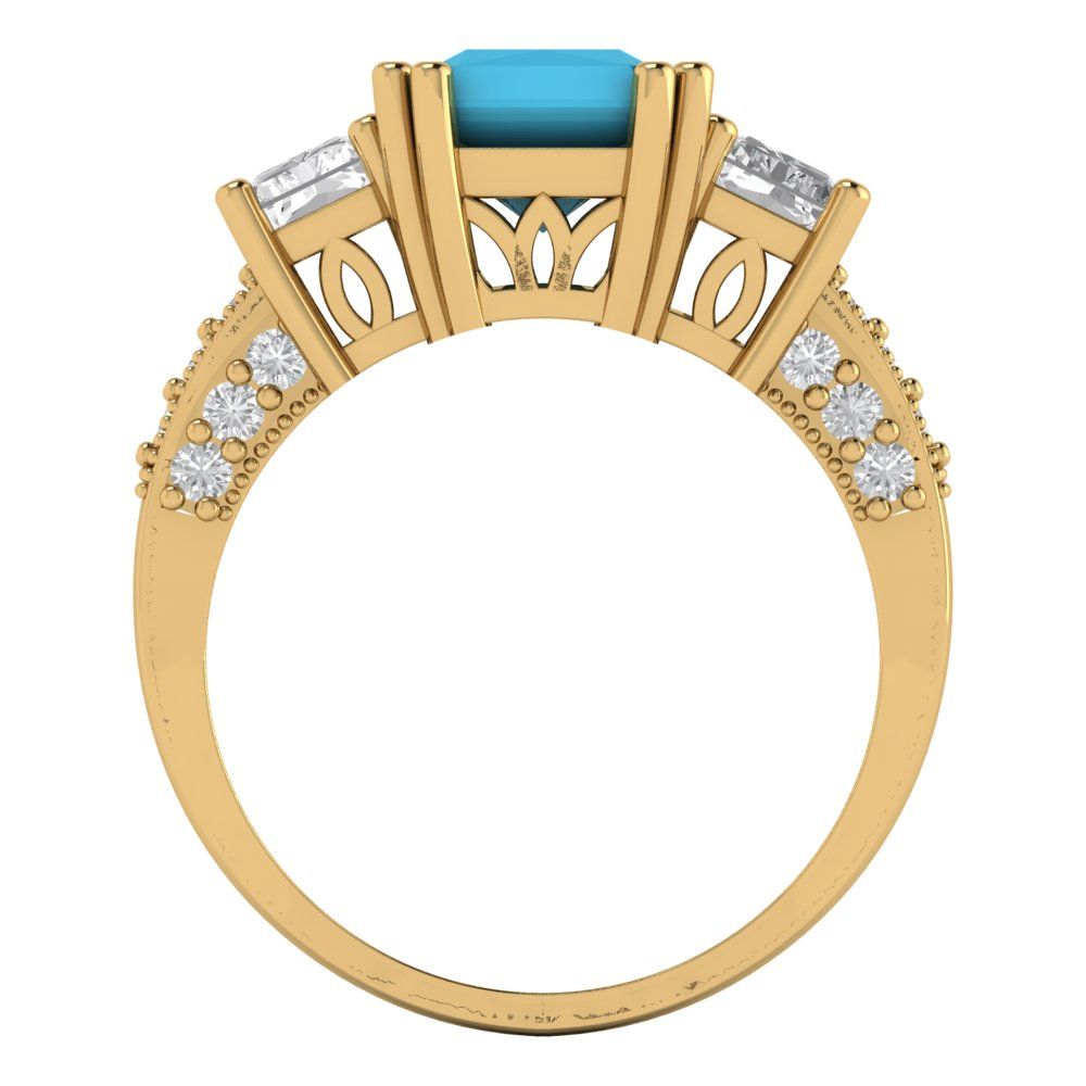 4.27 cttw Simulated Turquoise Three-Stone Engagement Ring - Solid Gold (Emerald Cut,9x7mm)