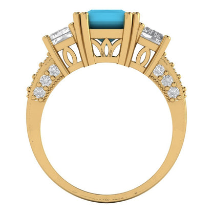 4.27 cttw Simulated Turquoise Three-Stone Engagement Ring - Solid Gold (Emerald Cut,9x7mm)