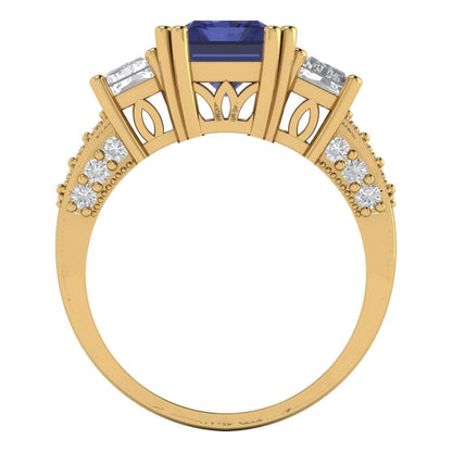 4.27 cttw Simulated Tanzanite Three-Stone Engagement Ring - Solid Gold (Emerald Cut,9x7mm)