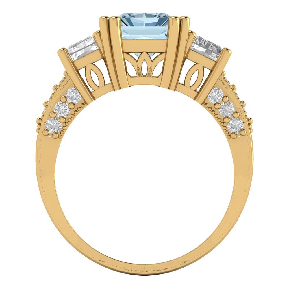 4.27 cttw Natural Aquamarine Three-Stone Engagement Ring - Solid Gold (Emerald Cut,9x7mm)