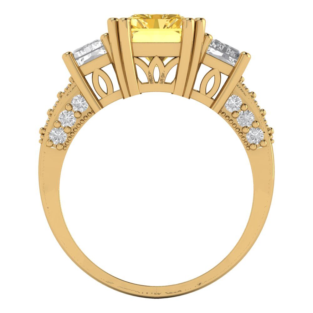 4.27 cttw Zirconia Simulated Yellow Diamond Three-Stone Engagement Ring - Solid Gold (VVS1, Emerald Cut,9x7mm)